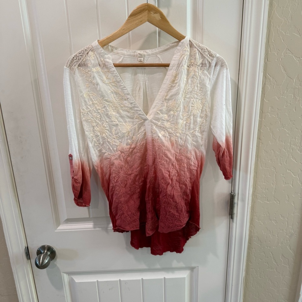 Tiny Ombre Embroidered Boho Blouse Women’s Small Pink White